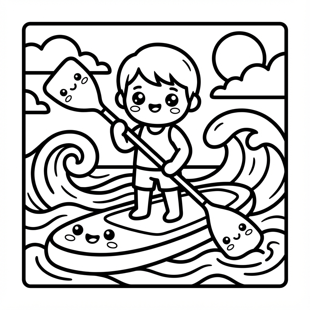 Cute boy on a paddle board, designed as simple thick line art for beginner coloring pages.